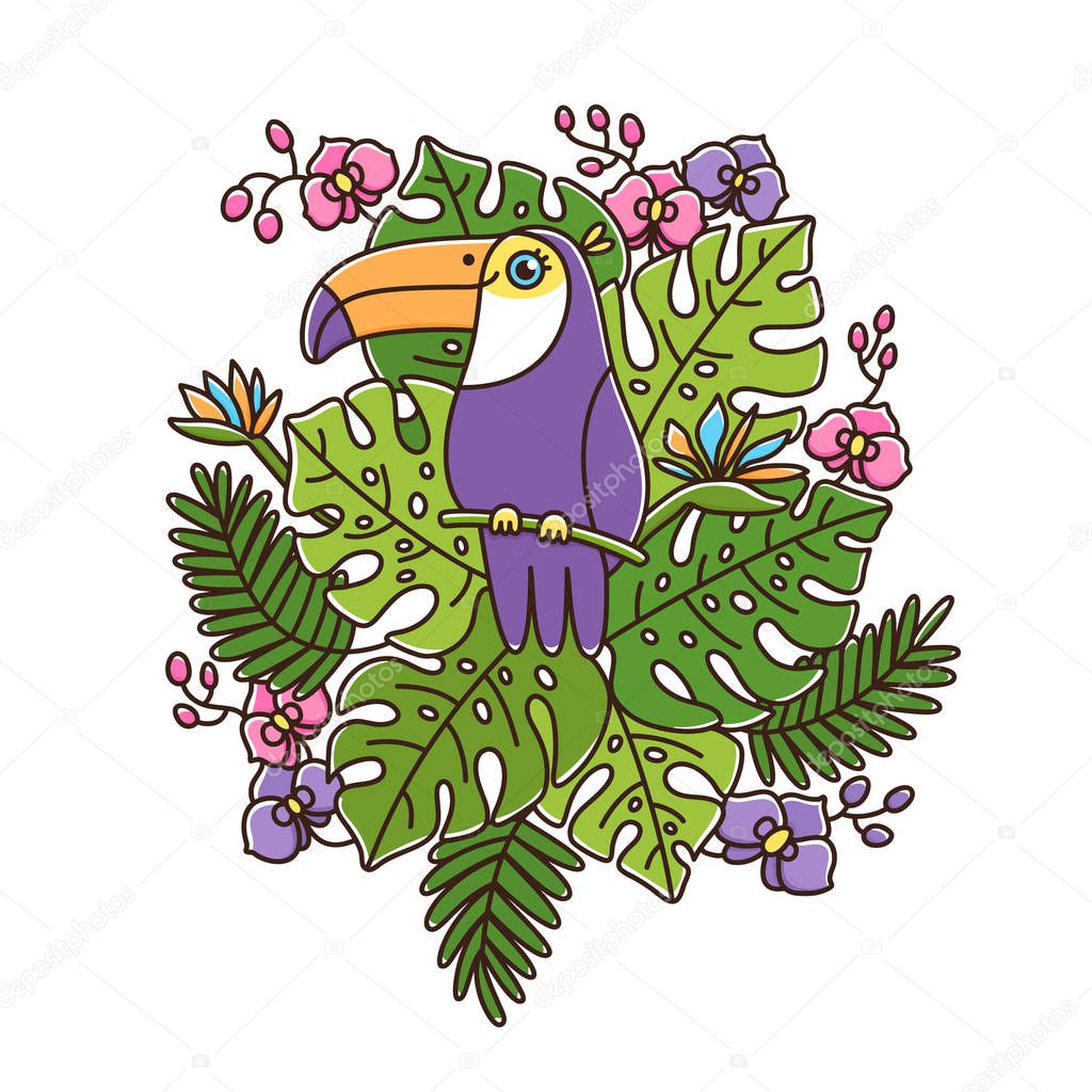 Toucan bird is sitting on a branch in tropical leaves and flowers on a white background. It can be used for sticker, patch, phone case, poster, t-shirt, mug and other design.