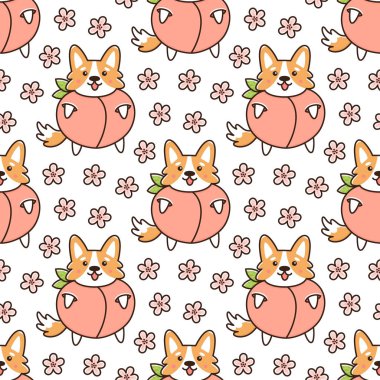 Köpek Galce corgi, şeftali, beyaz zemin üzerine çiçekli ile Seamless modeli. O-ebilmek var kullanılmış kağıt, Tekstil ve etc ambalaj için.