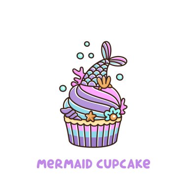 Cupcake mermaid kuyruk, inci, kabuk, mercan, denizyıldızı, üzerinde beyaz bir arka plan ile. Bu etiket, yama, telefon durumda, afiş, t-shirt, kupa ve diğer tasarım için kullanılabilir.