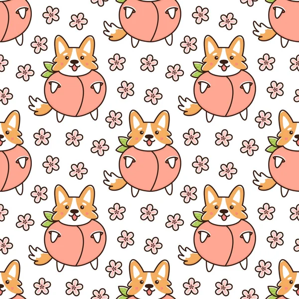 Seamless Pattern Dog Welsh Corgi Peach Flowers White Background Can — Stock Vector