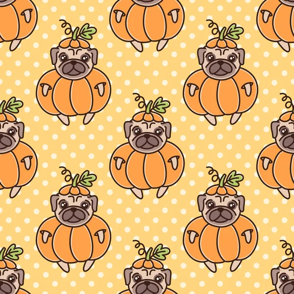 Lindo Patrón Sin Costuras Con Perro Crianza Pug Calabaza Sobre — Archivo Imágenes Vectoriales