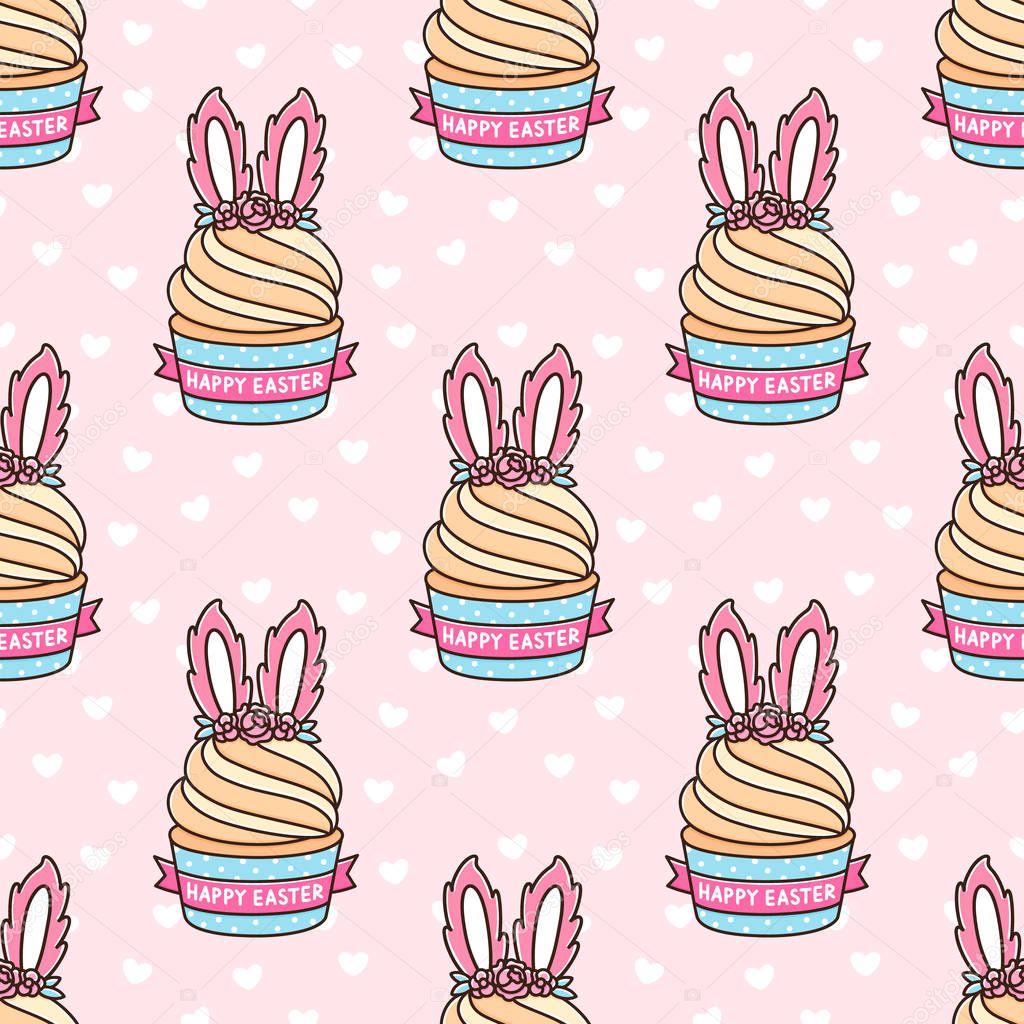 Seamless pattern with cupcake with bunny ears for Happy Easter, on a pink background with white heart. It can be used for packaging, wrapping paper, textile and etc.