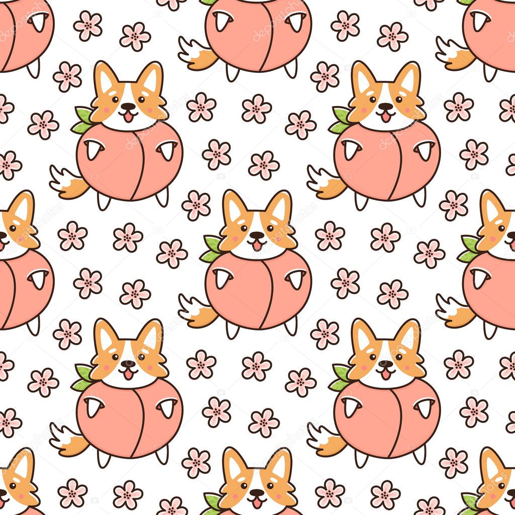 Seamless pattern with dog welsh corgi, in peach, with flowers on a white background. It can be used for packaging, wrapping paper, textile and etc.