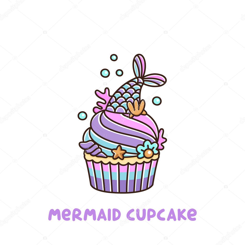 Cupcake with mermaid tail, pearl, shell, coral, starfish, on a white background. It can be used for sticker, patch, phone case, poster, t-shirt, mug and other design.