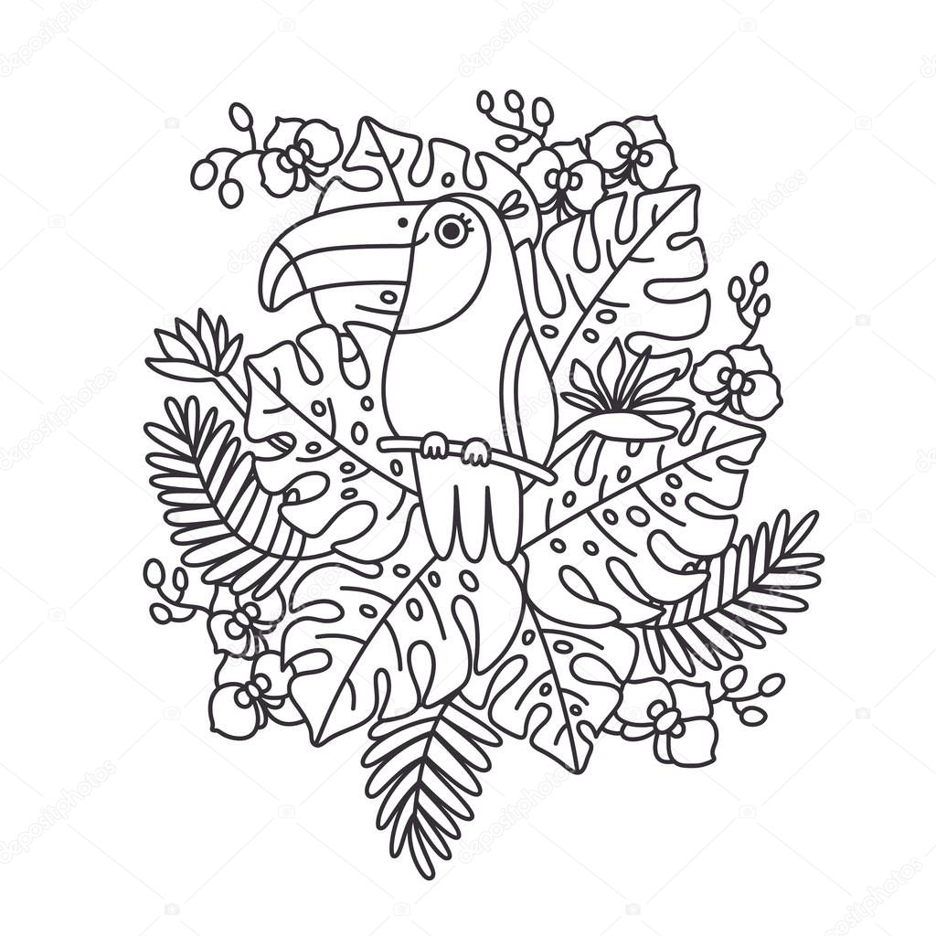 Toucan bird is sitting on a branch in tropical leaves and flowers. Print for coloring book for children and adults.