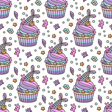 Cupcake mermaid kuyruk ve inci, kabuk, mercan, deniz yıldızı ile Seamless modeli. O-ebilmek var kullanılmış kağıt, Tekstil ve etc ambalaj için.