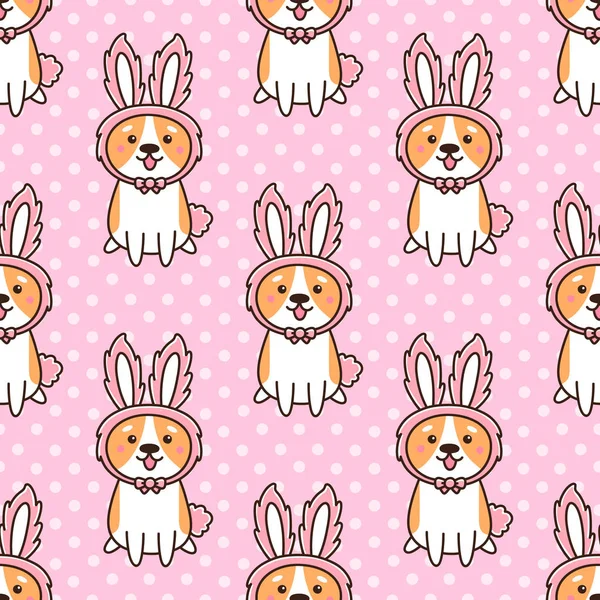 Seamless Pattern Cute Dog Breed Welsh Corgi Hat Bunny Ears — Stock Vector