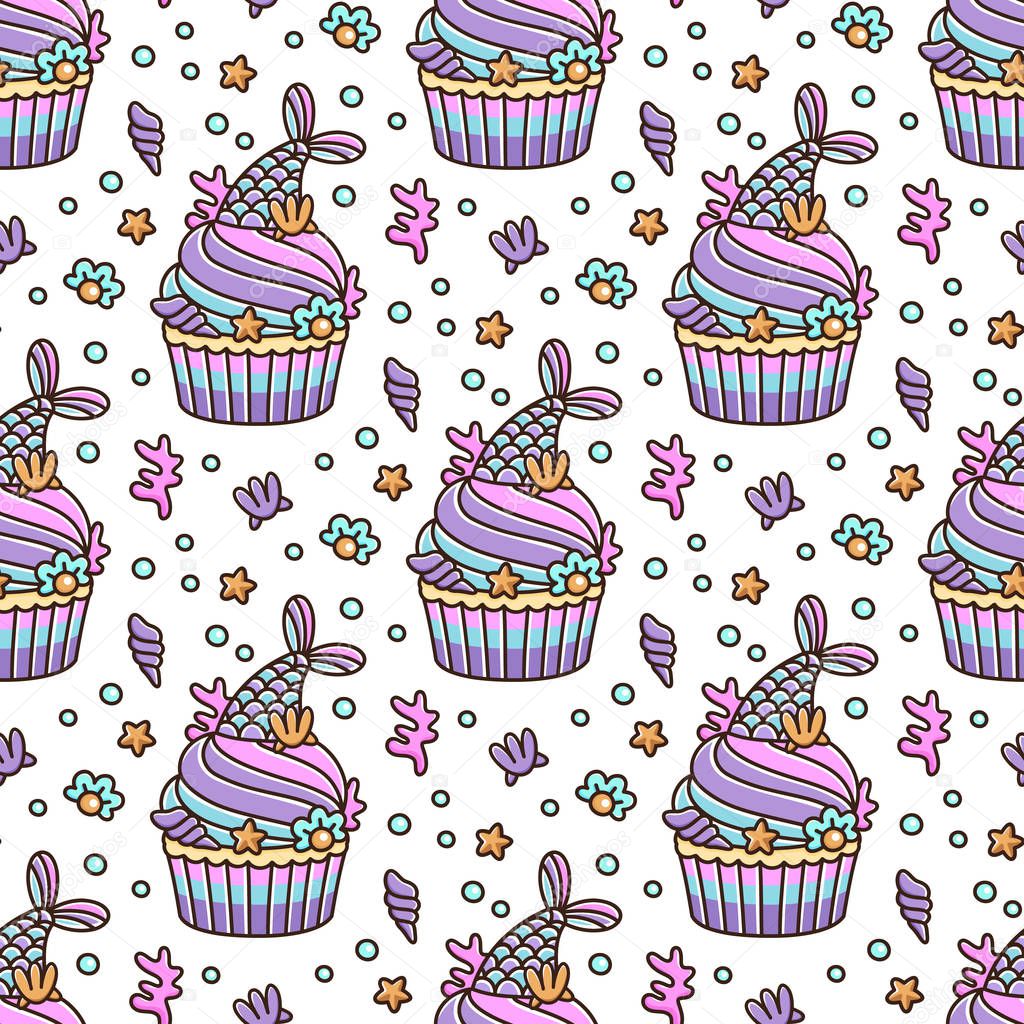 Seamless pattern with cupcake with mermaid tail, and with pearl, shell, coral, starfish. It can be used for packaging, wrapping paper, textile and etc.