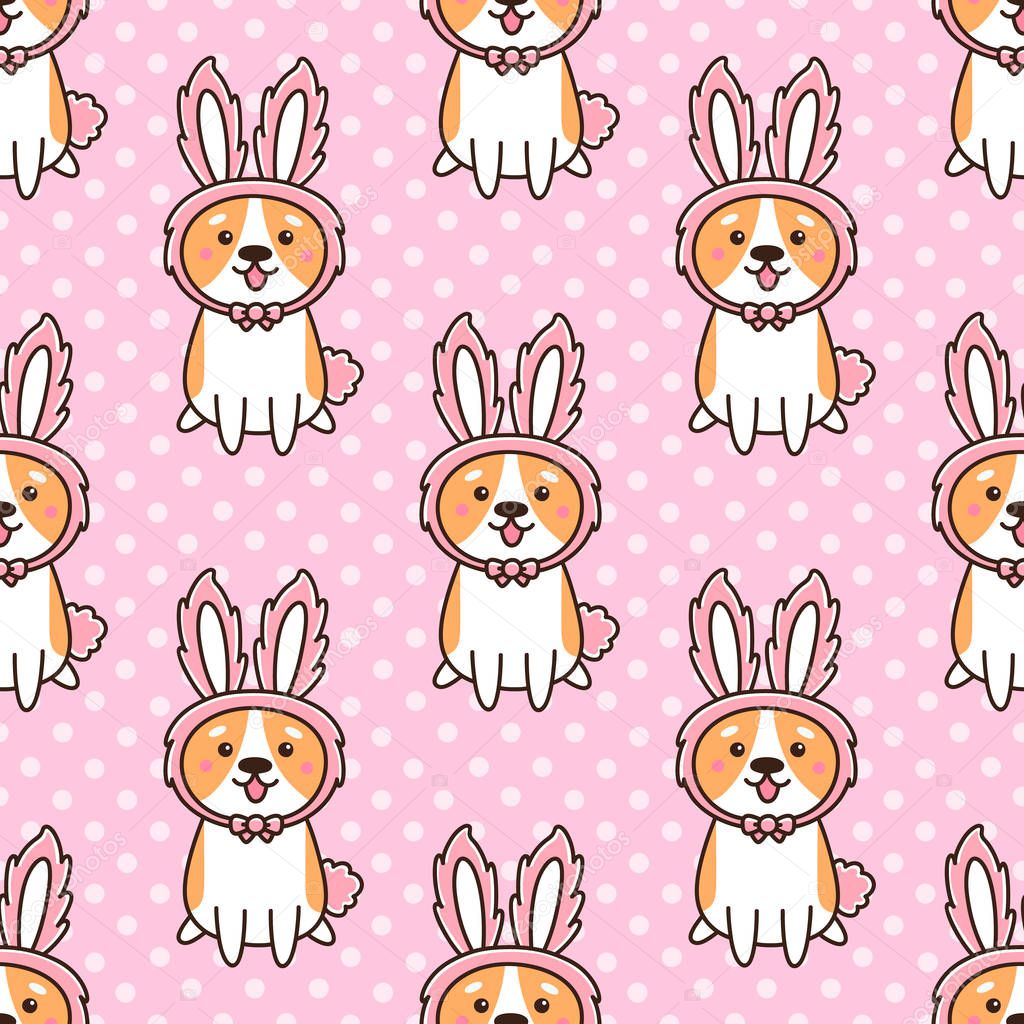 Seamless pattern with cute dog breed welsh corgi in a hat bunny ears, on a pink background with white dots. It can be used for packaging, wrapping paper, textile and etc.