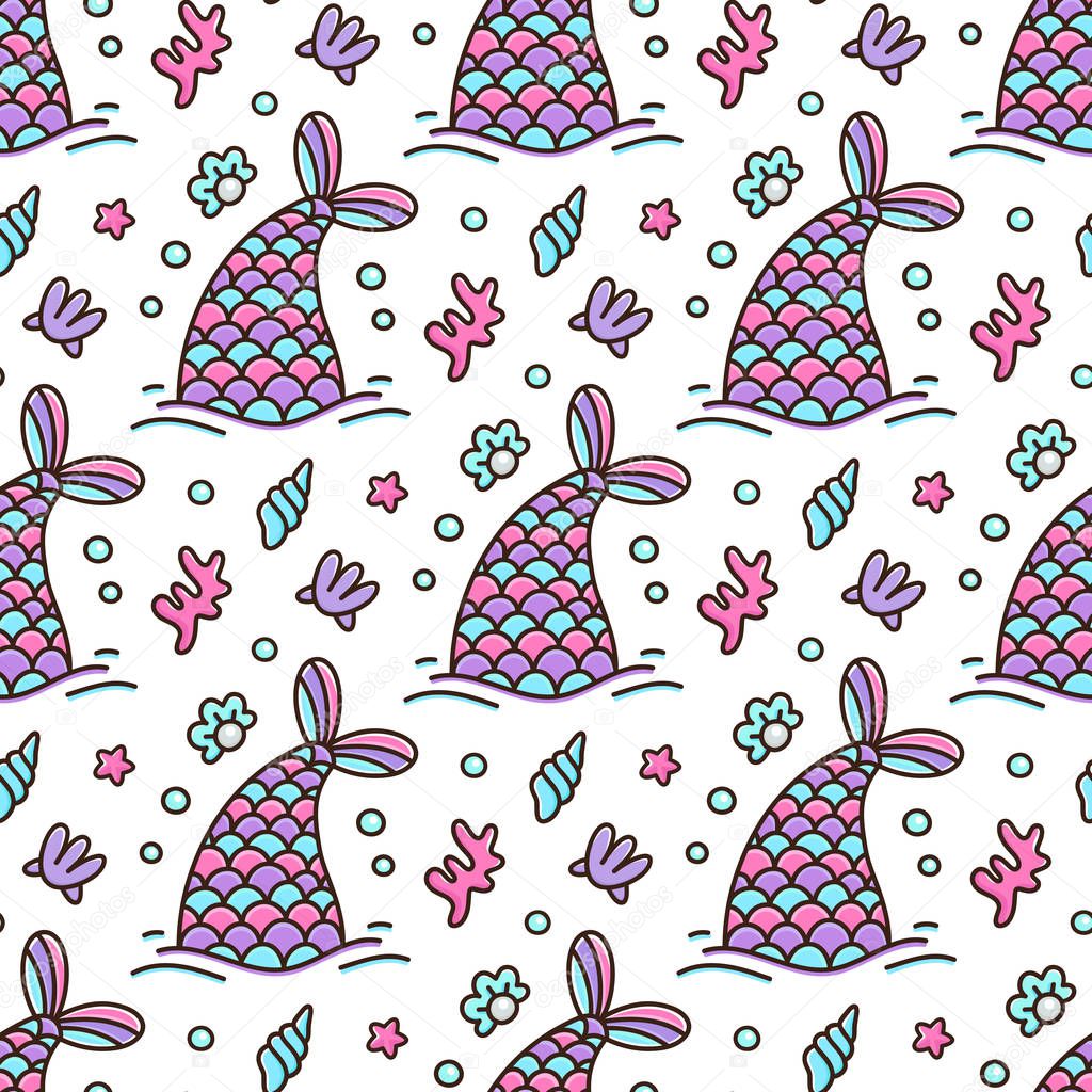 Seamless pattern with tail of a mermaid and pearl, shell, coral, starfish. It can be used for sticker, patch, phone case, poster, t-shirt, mug and other design.