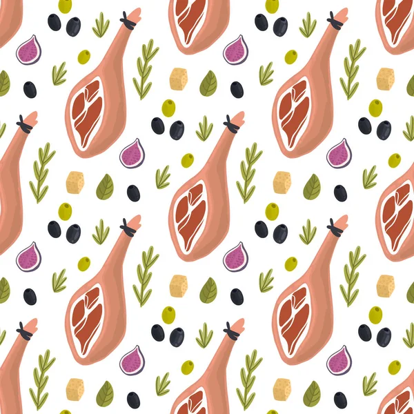Seamless Pattern Jamon Traditional Spanish Delicacy Figs Cheese Rosemary Herbs — Stock Vector