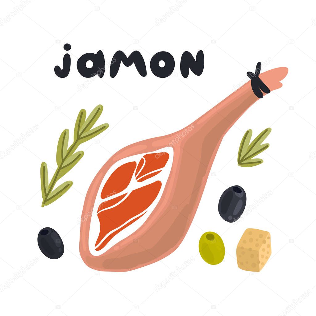 Jamon traditional Spanish delicacy, dry pork ham. Jamon, heese, rosemary, and olives on a white background. Excellent design for menu, brochures, poster, card etc.