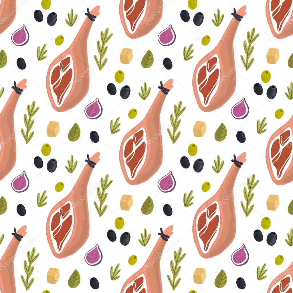 Seamless pattern with Jamon (traditional Spanish delicacy), figs, cheese, rosemary, herbs and olives on a white background. Excellent design for menu, brochures, poster, packaging, wrapping paper etc.