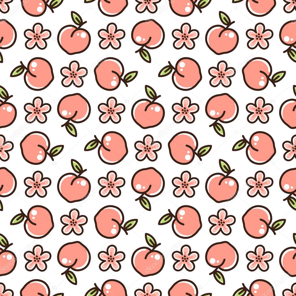 Cute pattern with peach and flowers on a white background. It can be used for packaging, wrapping paper, textile and etc.