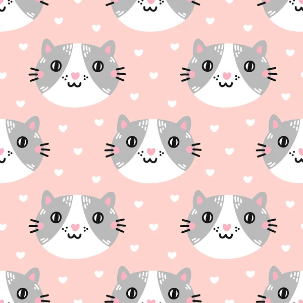 Seamless Pattern Cute Cat Muzzle Pink Background Hearts Excellent Design — Stock Vector