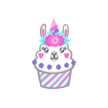 Lama cupcake çiçek çelenk ve boynuz tek boynuzlu at gibi. Kullanılabilir etiket, yama, telefon case, poster, tişört vb için.