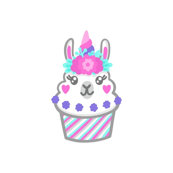 Lama Cupcake Mit Blumenkranz Und Horn Wie Einhorn Kann Für — Stockvektor