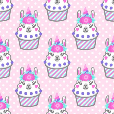 Seamless pattern with llama cupcake with floral wreath and horn like unicorn. Excellent design for packaging, wrapping paper, textile, clothes and etc. clipart