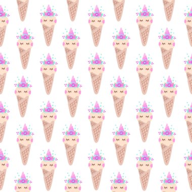 Çiçek çelenk dekorasyon ile tek boynuzlu at dondurma ile dikişsiz desen. Ambalaj, ambalaj kağıdı, tekstil, giysi vb için mükemmel tasarım.