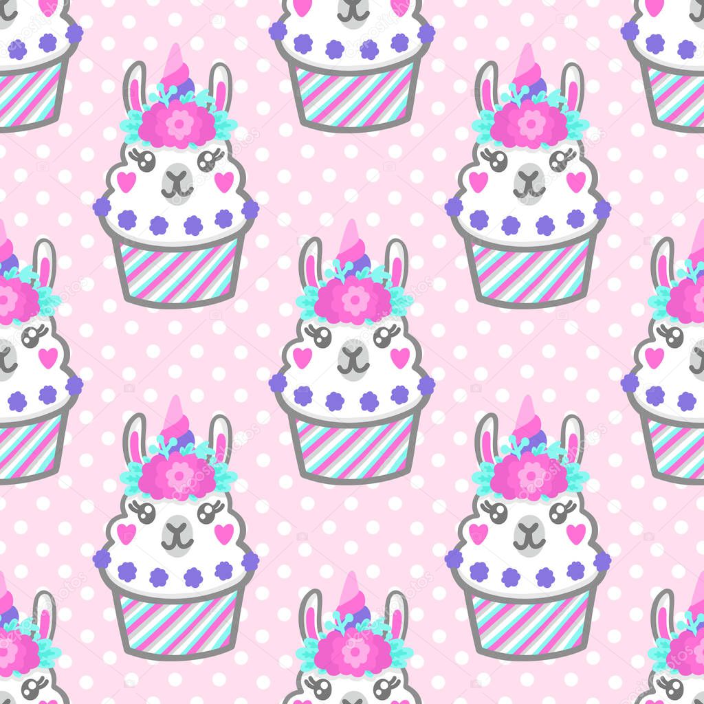 Seamless pattern with llama cupcake with floral wreath and horn like unicorn. Excellent design for packaging, wrapping paper, textile, clothes and etc.