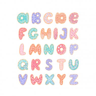 Çörek alfabesi, beyaz bir arka plan üzerinde. Renkli sır ve şeker serpiştirilmiş çörekler gibi stilize mektuplar. Vektör çizimi.