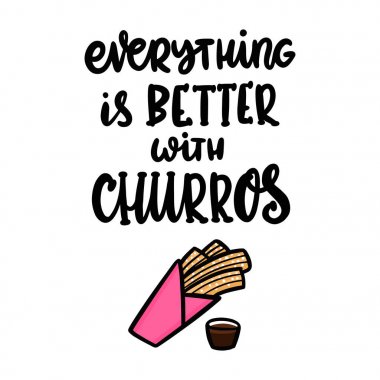 Churros'la her şey daha iyi. Görüntü churros ile siyah mürekkep el çizim teklif. Churros (veya churro) geleneksel bir İspanyol tatlısıdır. Bu menü, işaret, afiş, poster, vb için kullanılabilir. 