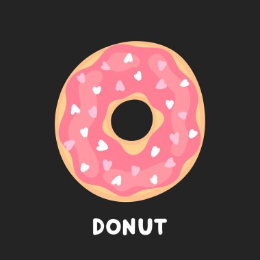 Pembe krema ve şeker kalpleri ile süslenmiş donut, siyah bir arka plan üzerinde. Vektör çizimi.