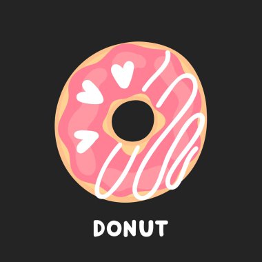 Pembe krema ve şeker kalpleri ile süslenmiş donut, siyah bir arka plan üzerinde. Vektör çizimi.