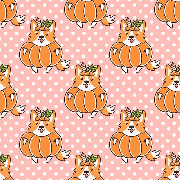 Seamless pattern with dog welsh corgi, in pumpkin, on a pink background with white dots. Excellent design for packaging, wrapping paper, textile, clothes and etc.