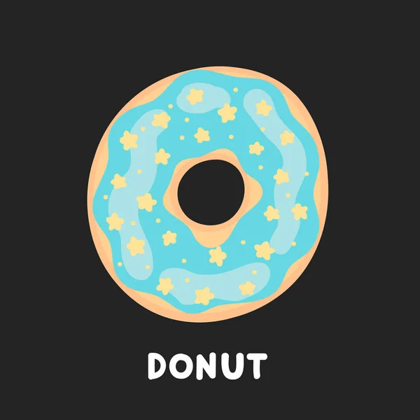 Donut Mit Blauem Zuckerguss Und Bonbonsternen Auf Schwarzem Hintergrund Vektorillustration — Stockvektor
