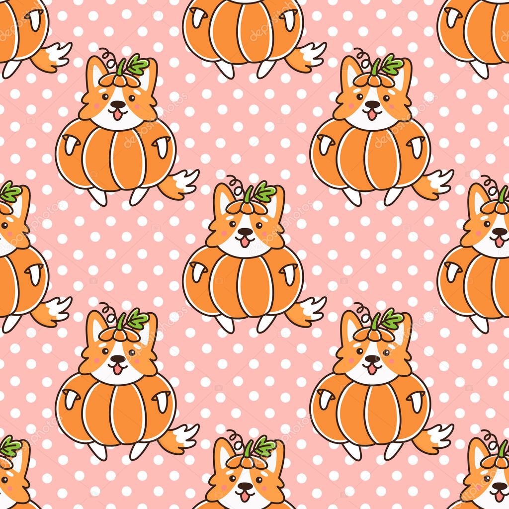 Seamless pattern with dog welsh corgi, in pumpkin, on a pink background with white dots. Excellent design for packaging, wrapping paper, textile, clothes and etc.