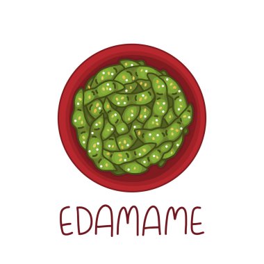 Edamame fasulye - Japon çerez, haşlanmış soya bakla, susam ve tuz ile. Menü, afiş, poster ve diğer pazarlama malzemeleri için kullanılabilir. Vektör Görüntüsü. 