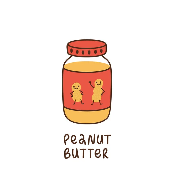 Frasco Manteiga Amendoim Rótulo Desenhado Personagens Bonitos Dançando Amendoim Ele —  Vetores de Stock