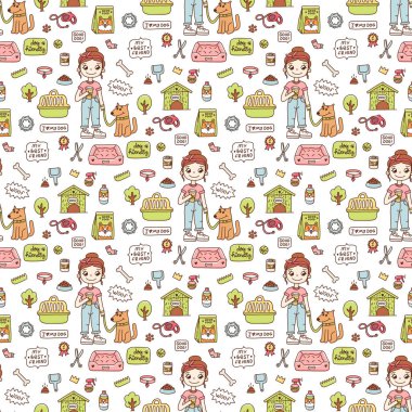 Beyaz arka plan üzerinde, köpekler için aksesuarlar ile kız ve köpek ile Dikişsiz desen. Ambalaj, ambalaj kağıdı, tekstil vb için mükemmel tasarım.