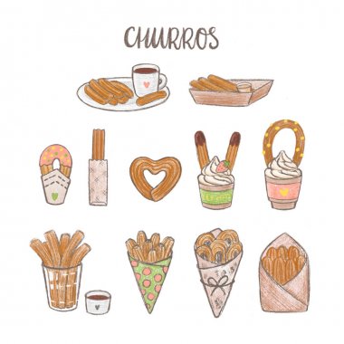 Churros, pişirme ve hizmet churros farklı şekillerde ayarlayın. Churros (veya churro) geleneksel bir Ispanyol tatlısıdır. Bu menü, işaret, afiş, poster, vb için kullanılabilir.