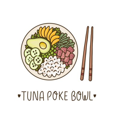 Tuna poke Bowl-Hawaii çanak, Ahi Tuna, avokado, Mango, salatalık ve yosun ile pirinç. Menü, afiş, poster ve diğer pazarlama malzemeleri için kullanılabilir. Vektör görüntüsü. 
