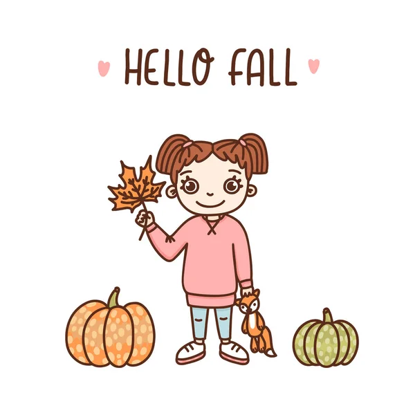 Girl Maple Leaf Colorful Pumpkins Inscription Hello Fall Can Used — Stock Vector