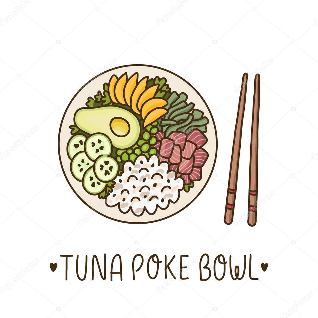 Tuna poke bowl - Hawaiian dish, rice with ahi tuna, avocado, mango, cucumber and seaweed. It can be used for menu, banner, poster and other marketing materials. Vector Image. 