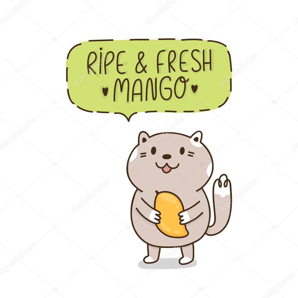 Cute cat with mango fruit and inscription: ripe & fresh mango. It can be used for menu, banner, poster and other marketing materials. Vector Image. 