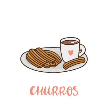 Bir fincan sıcak çikolatalı Churros. Churros (veya churro) geleneksel bir İspanyol tatlısıdır. Bu menü, işaret, afiş, poster, vb için kullanılabilir.