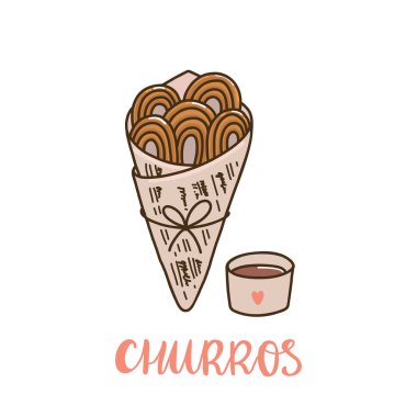 Çikolatalı Churros. Churros (veya churro) geleneksel bir İspanyol tatlısıdır. Bu menü, işaret, afiş, poster, vb için kullanılabilir.