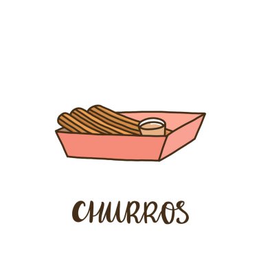 Churros bir kutuda karamel ile. Churros (veya churro) geleneksel bir İspanyol tatlısıdır. Bu menü, işaret, afiş, poster, vb için kullanılabilir.