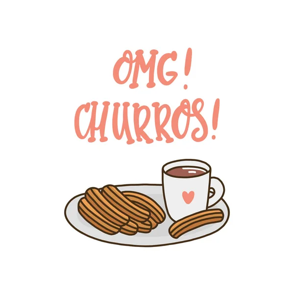 Meu Deus Churros Citação Desenho Manual Tinta Rosa Com Churros — Vetor de Stock