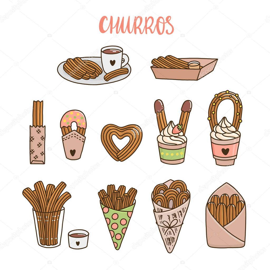 Set of churros, different ways of cooking and serving churros. Churros (or churro) is a traditional Spanish dessert. It can be used for menu, sign, banner, poster, etc.