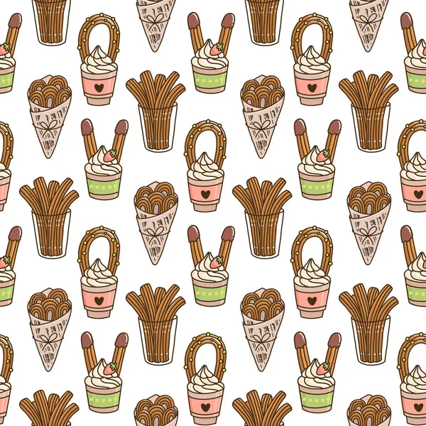 Seamless Pattern Churros Churro Traditional Spanish Dessert White Background Excellent — Stock Vector