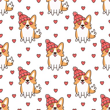 Sevimli köpek ırkı şapka galce corgi, aşık. Bir davet kartı, broşür, poster, etiket, yama, t-shirt, kupa ve diğer tasarım için kullanılabilir. Mutlu Sevgililer günü baskı.