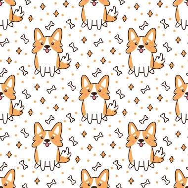 Kalpleri, yıldızlar, kemikler ile beyaz bir arka plan üzerinde köpek ırkı galce corgi ile Sevimli desen. Ambalaj, ambalaj kağıdı, tekstil vb. için kullanılabilir..