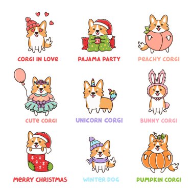 Corgi Köpek Seti 10 karakter, Unicorn corgi, Şeftali, Kabak, Bunny, Noel için çeşitli kostümleri, Paskalya, Şükran Günü, Sevgililer Günü, Happy Birthday.