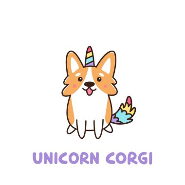 Sevimli köpek doğurmak Galce corgi boynuz ve renkli kuyruklu bir tek boynuzlu at kostüm. Bu etiket, yama, telefon durumda, afiş, t-shirt, kupa ve diğer tasarım için kullanılabilir.
