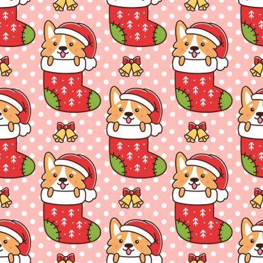 Pembe arka plan üzerinde, Noel çorap bir hediye olarak komik köpek ırkı galler corgi ile Dikişsiz desen. Ambalaj, ambalaj kağıdı, tekstil vb için mükemmel tasarım.